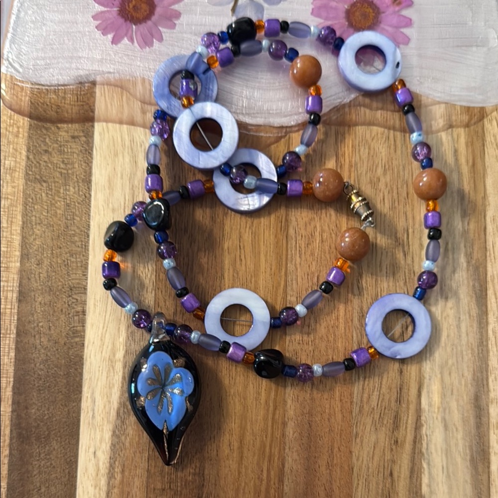 Art Glass Teardrop Flower Pendant on Wire With Multicolored Glass Beads & Stones